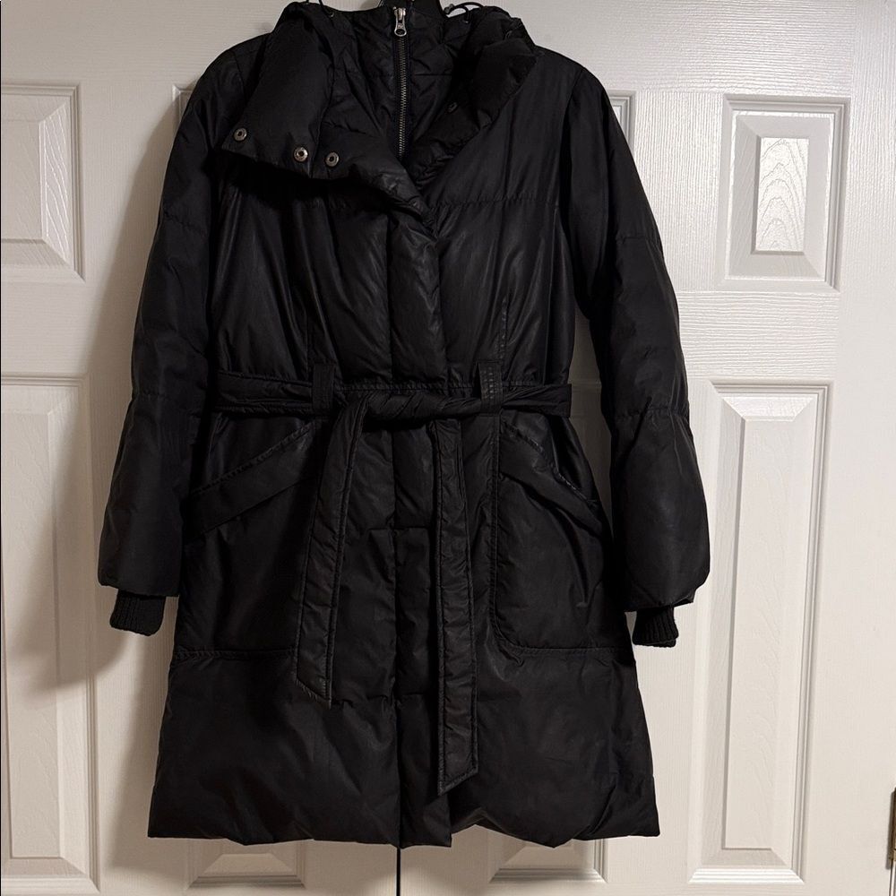 Theory Black Long Belted Puffer Coat Petite P Hooded